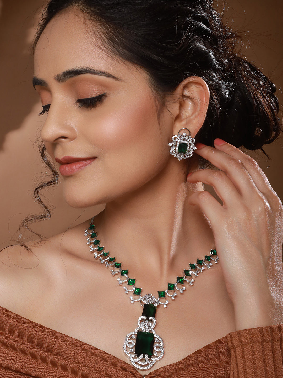 Silver Plated Emarald Green  CZ Studded  Designer Luxe Pendant Jewellery Set